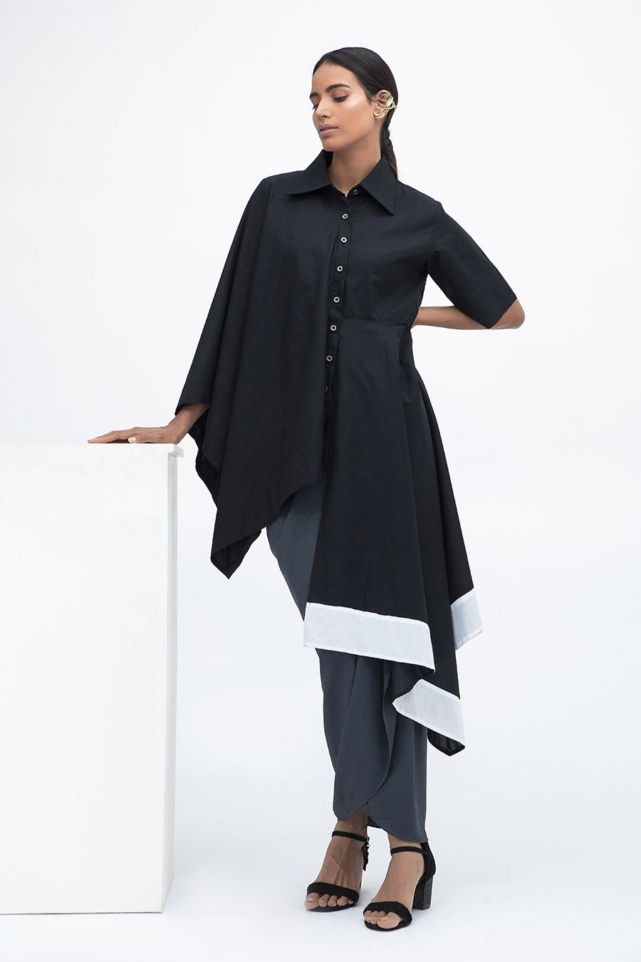 Black Panelled Drape Shirt Tunic