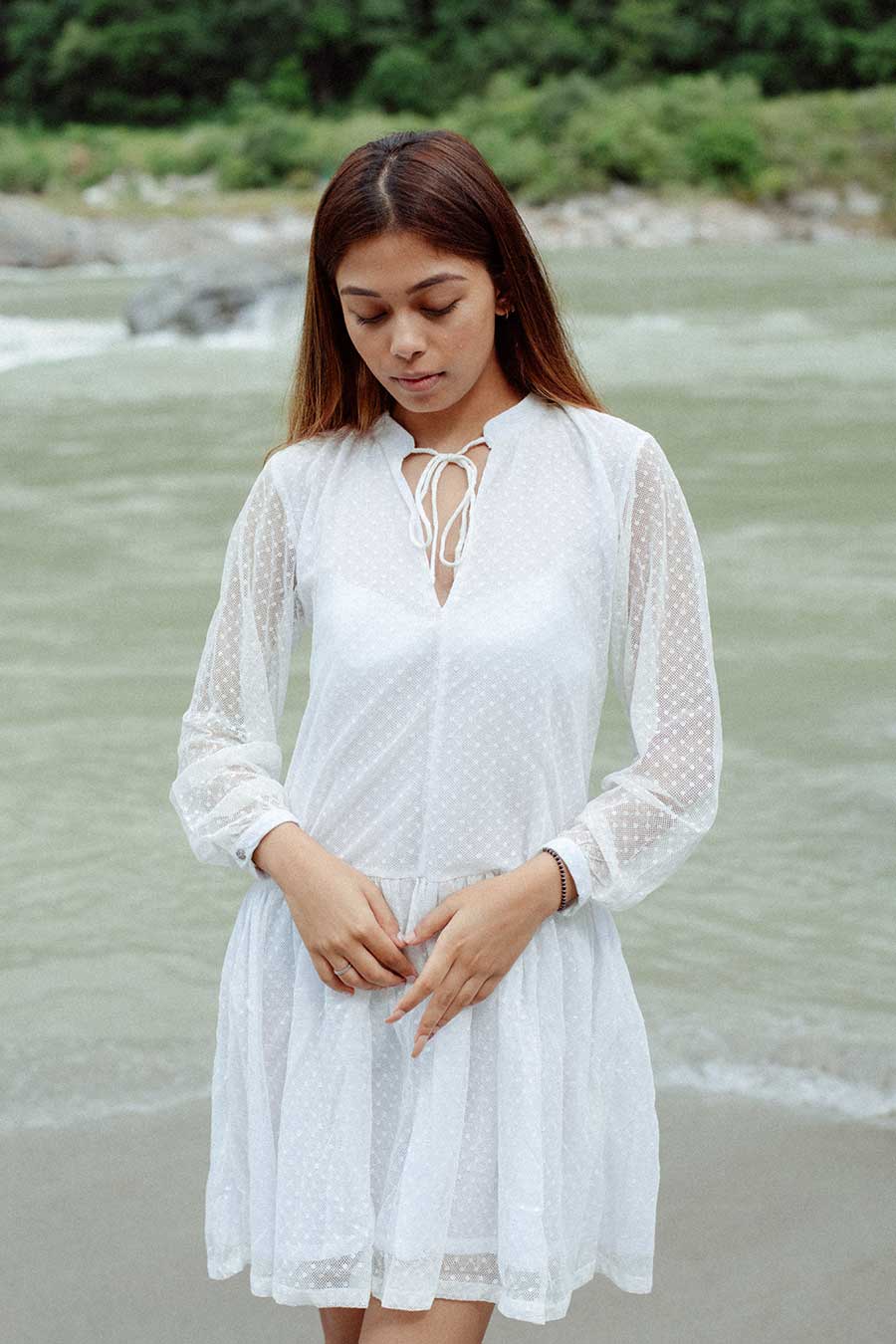 MO'OREA - White Dotted Lace Short Dress
