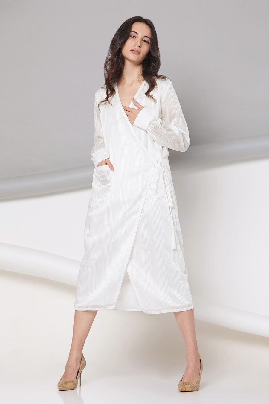 Clara - Off-White Striped Wrap Dress