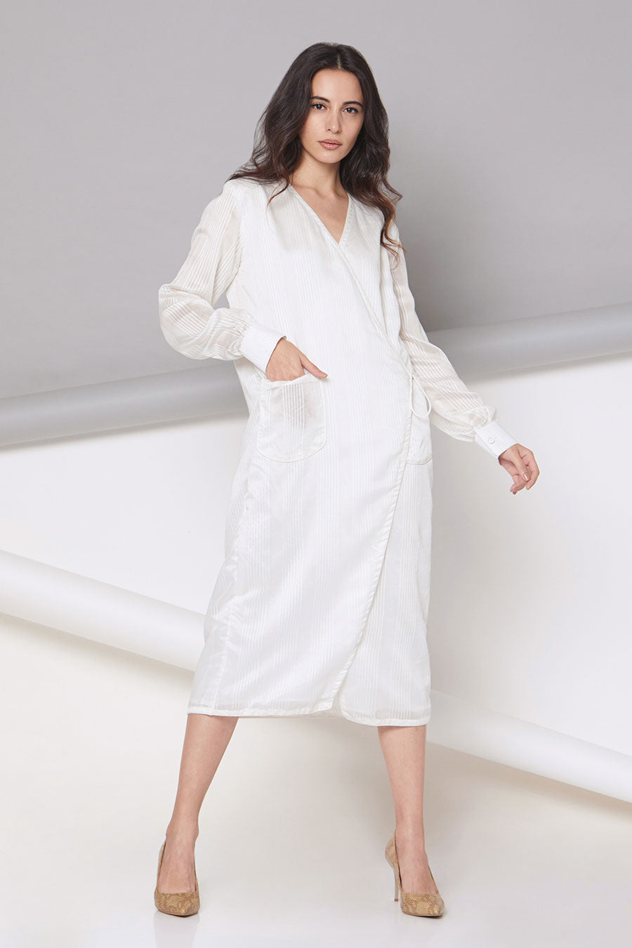 Clara - Off-White Striped Wrap Dress