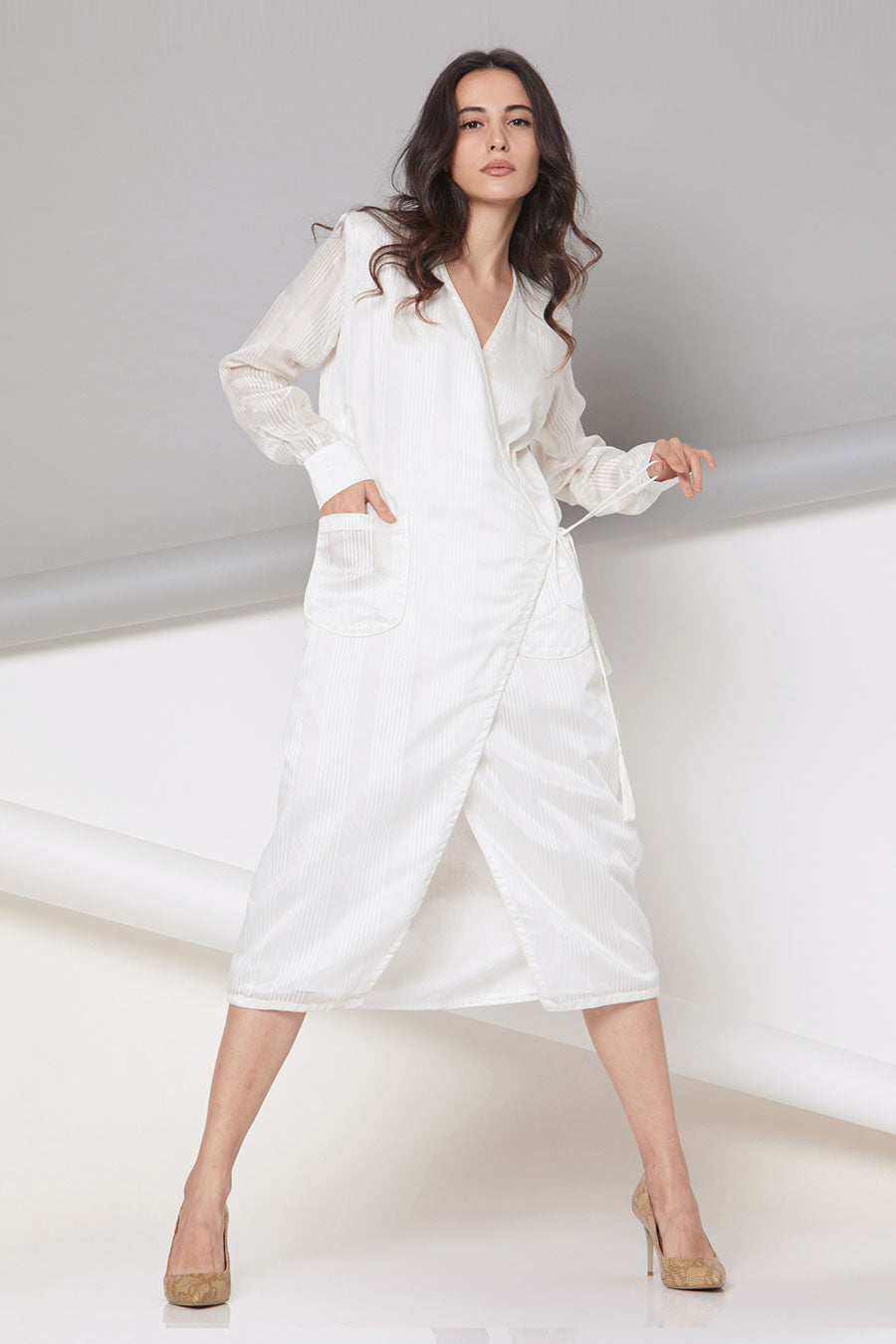 Clara - Off-White Striped Wrap Dress