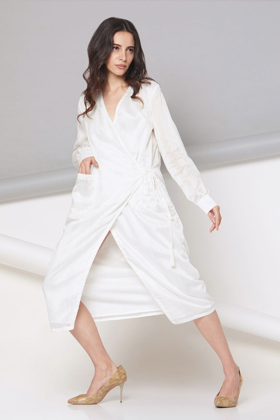 Clara - Off-White Striped Wrap Dress
