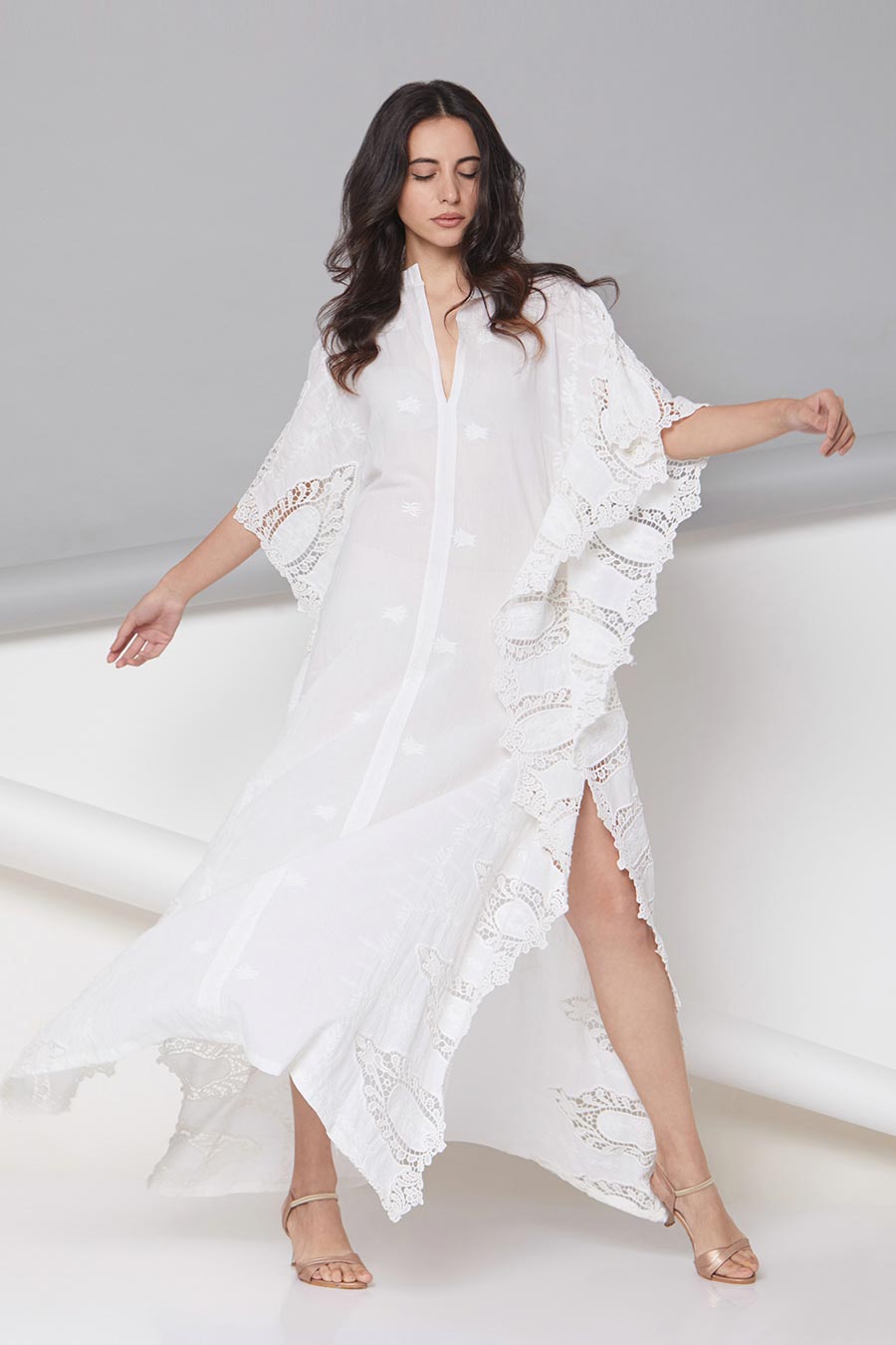 Agnes - Off-White Applique Kaftan Tunic Dress