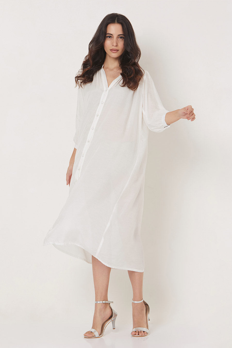Olive - Off-White Loose Fit Shirt Dress