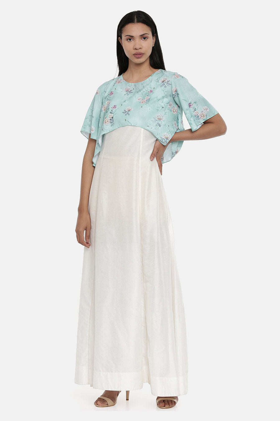 Ivory and Green Cape Gown Dress