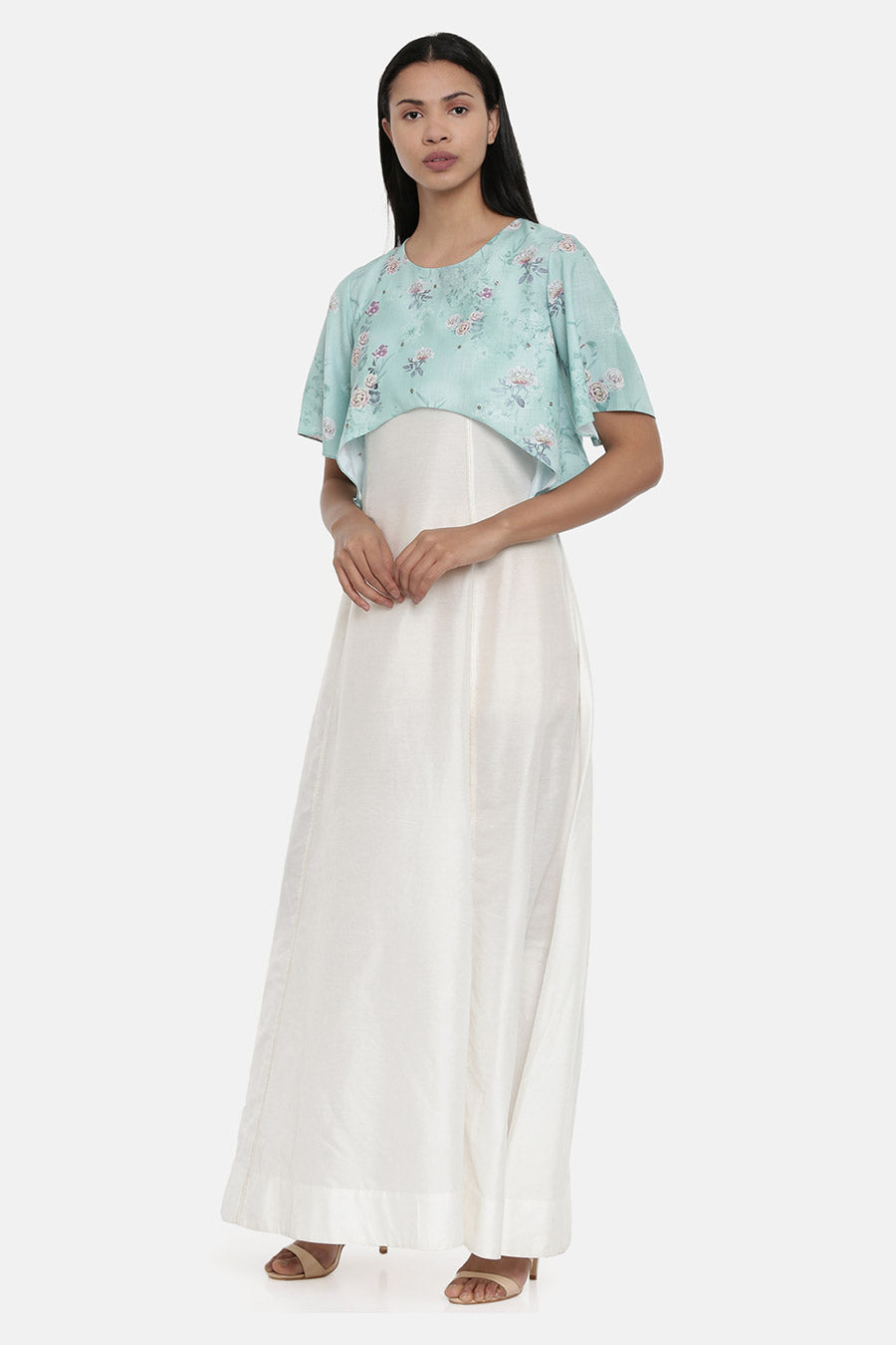 Ivory and Green Cape Gown Dress