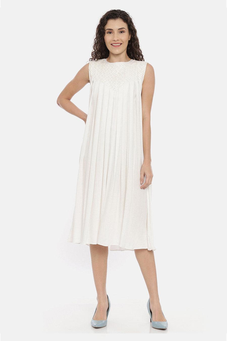 Ivory Embroidered Pleated Midi Dress
