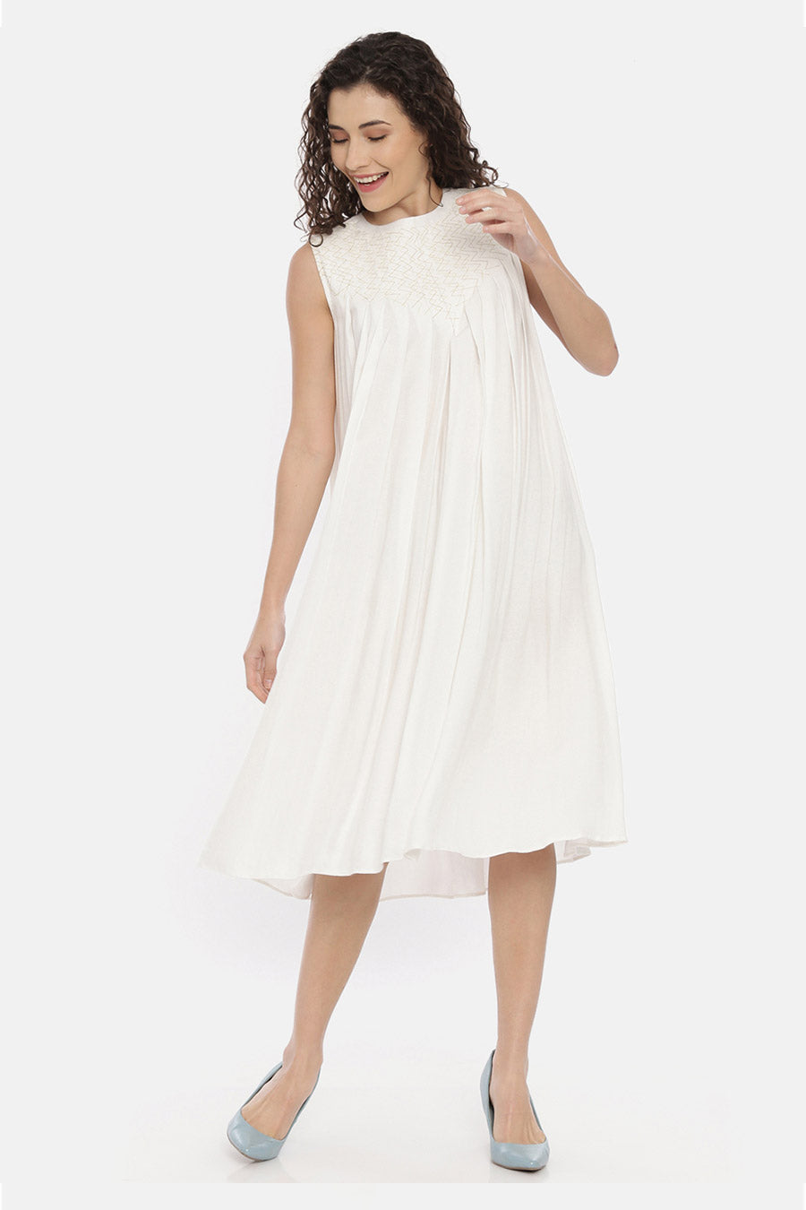 Ivory Embroidered Pleated Midi Dress