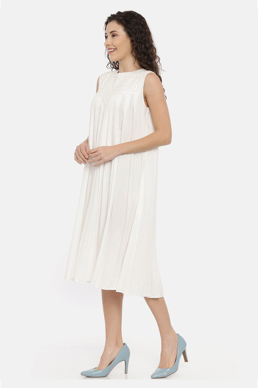Ivory Embroidered Pleated Midi Dress