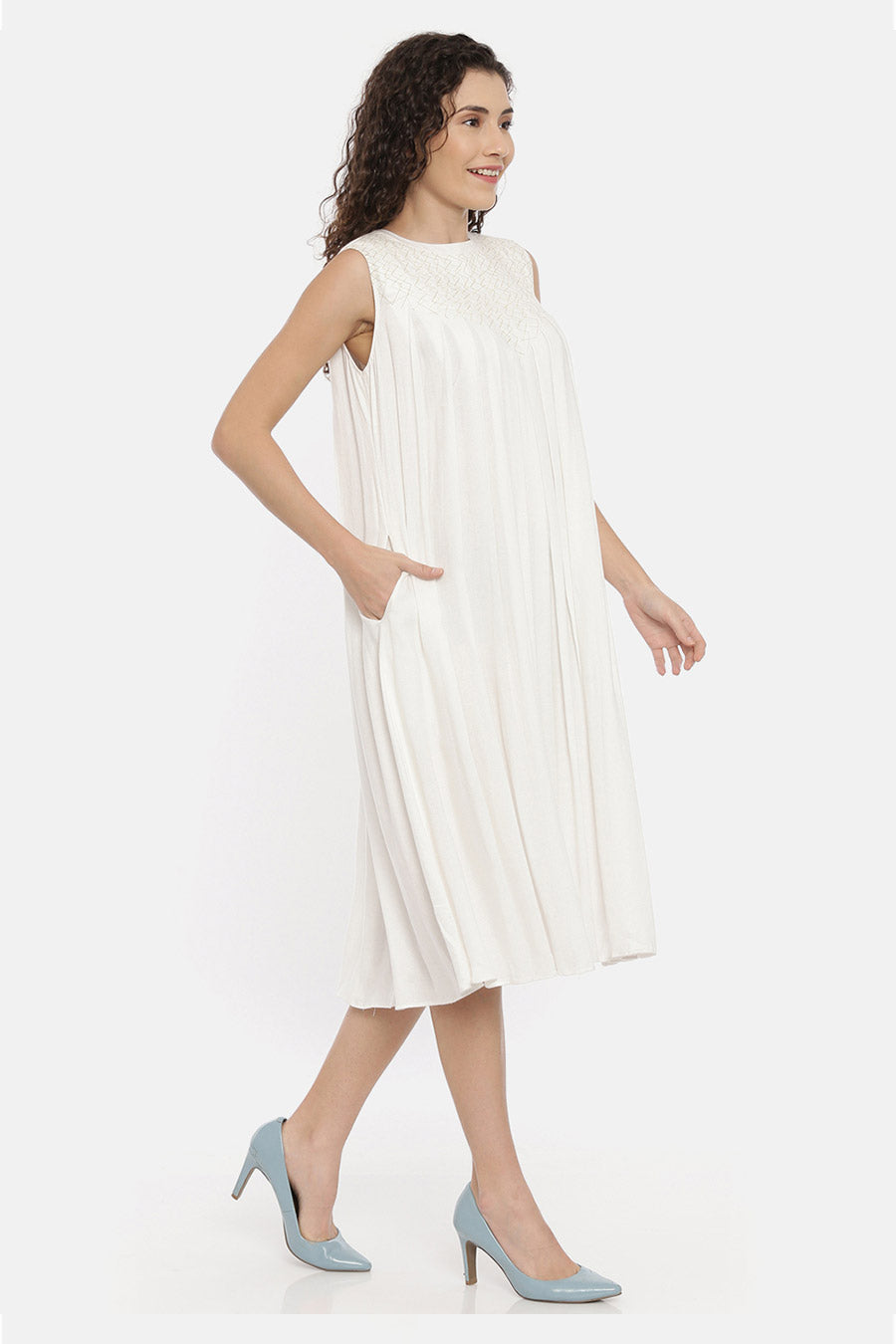 Ivory Embroidered Pleated Midi Dress