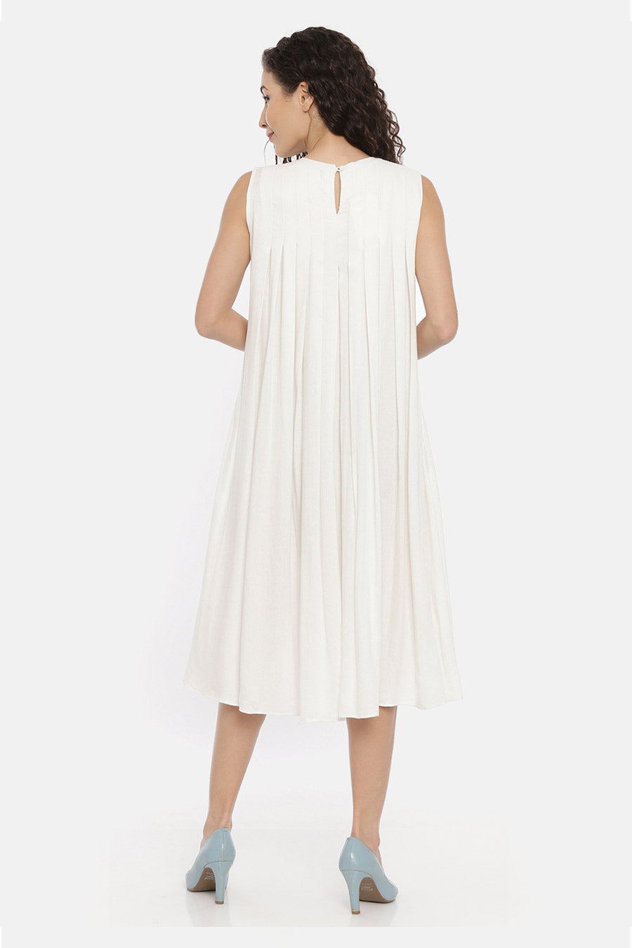Ivory Embroidered Pleated Midi Dress