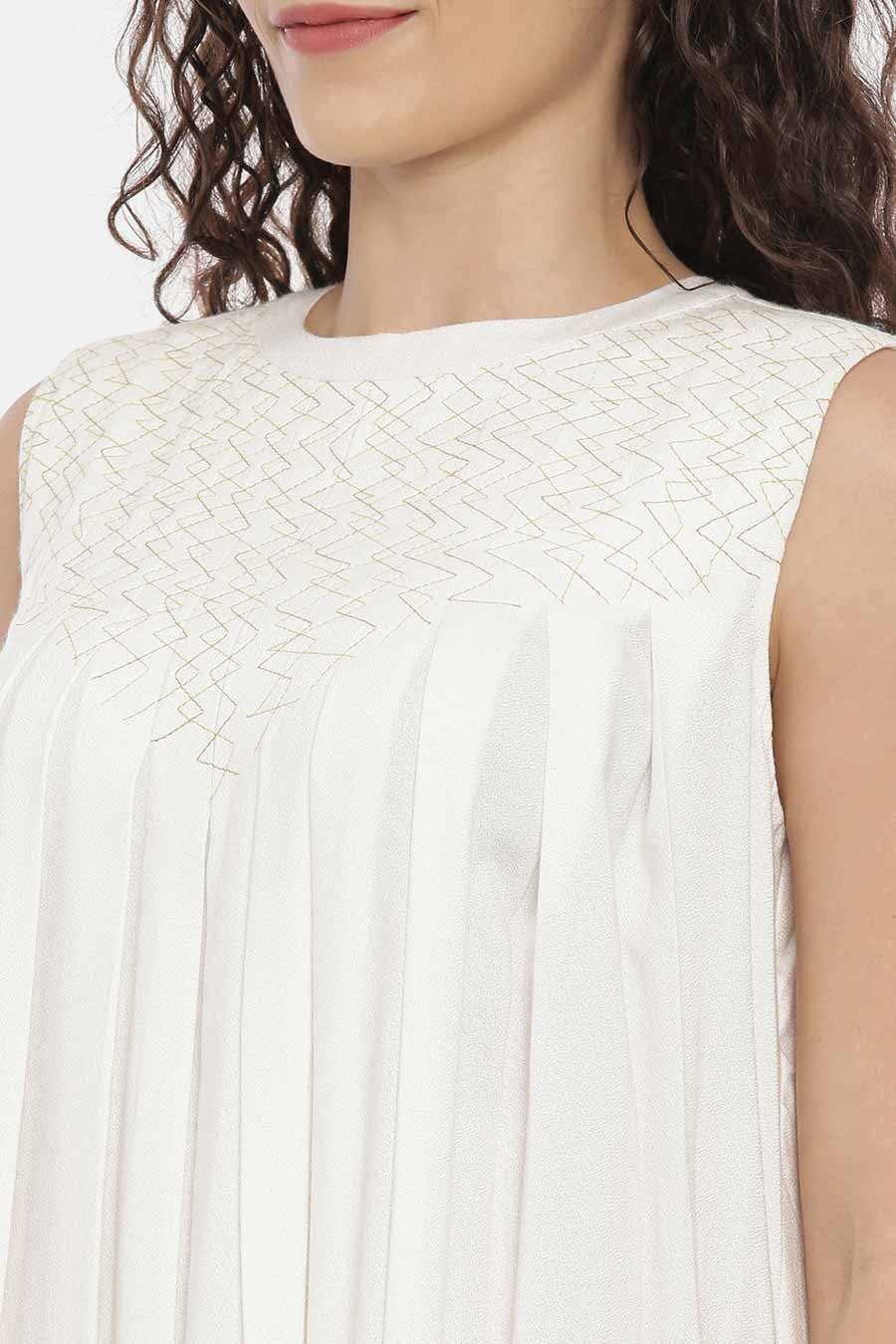 Ivory Embroidered Pleated Midi Dress