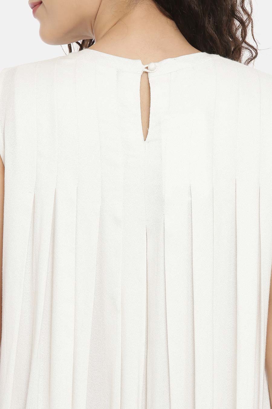 Ivory Embroidered Pleated Midi Dress