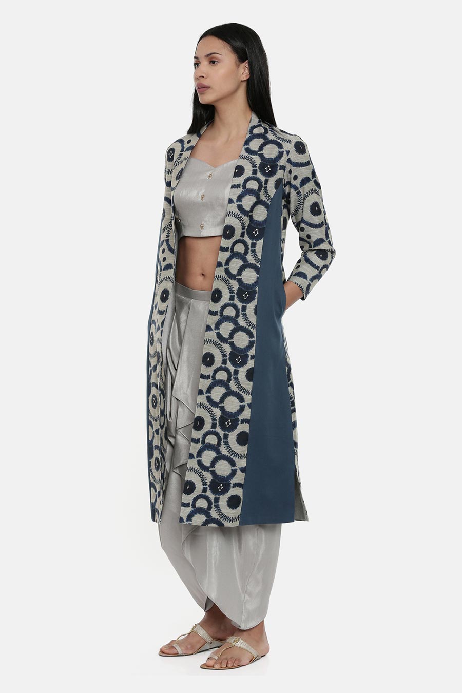Blue Chanderi Long Jacket