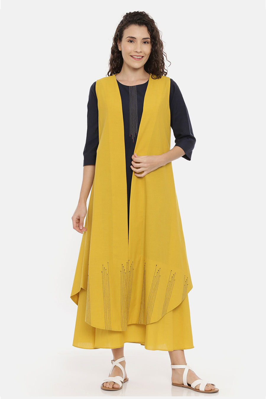 Mustard Embroidered Long Open Jacket