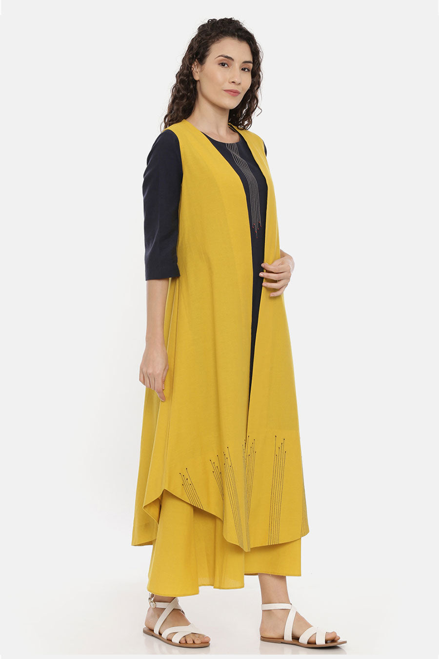 Mustard Embroidered Long Open Jacket
