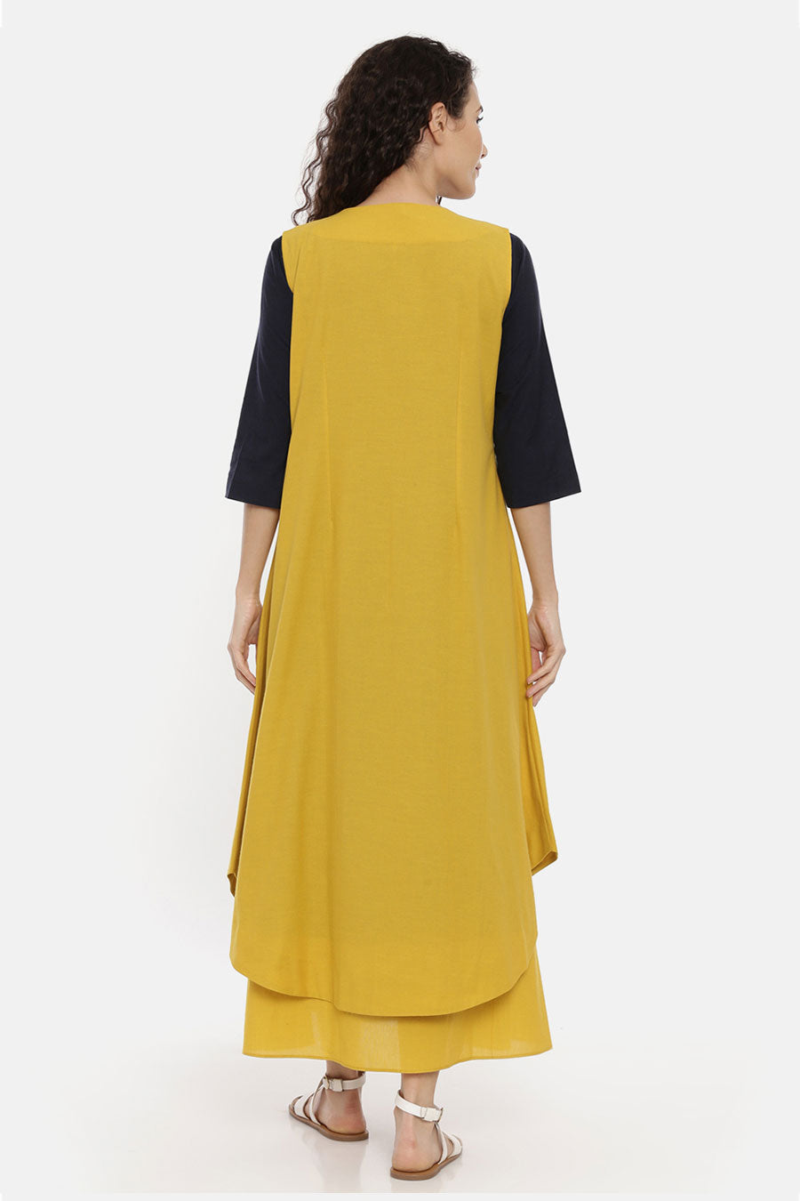 Mustard Embroidered Long Open Jacket