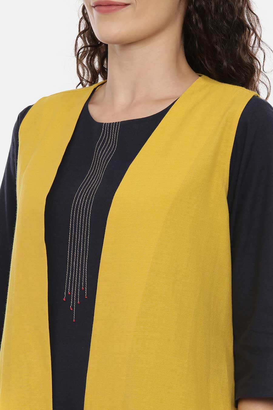 Mustard Embroidered Long Open Jacket