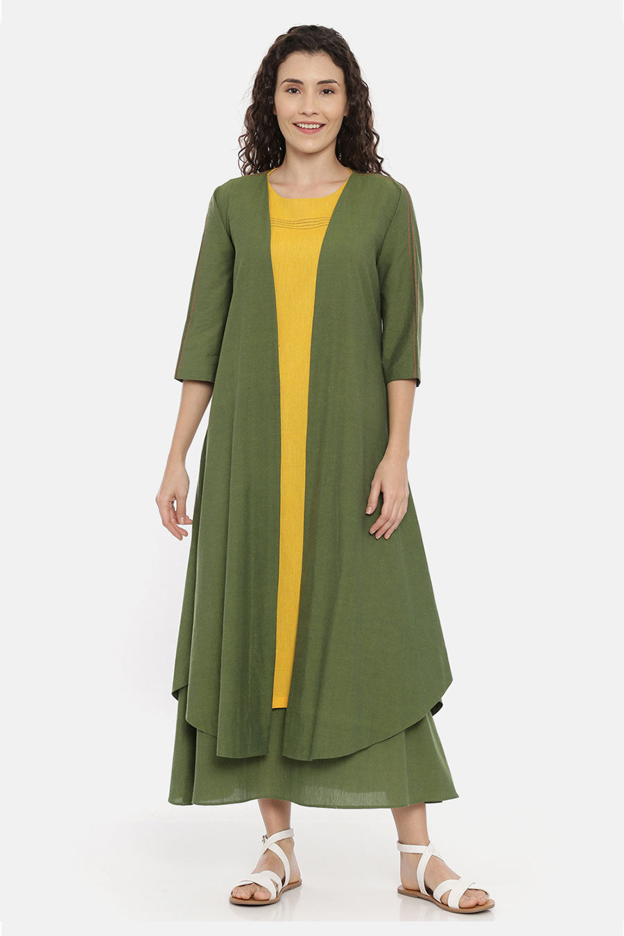 Green Embroidered Long Open Jacket