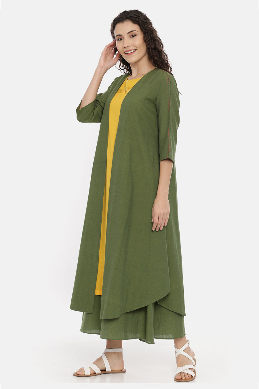 Green Embroidered Long Open Jacket