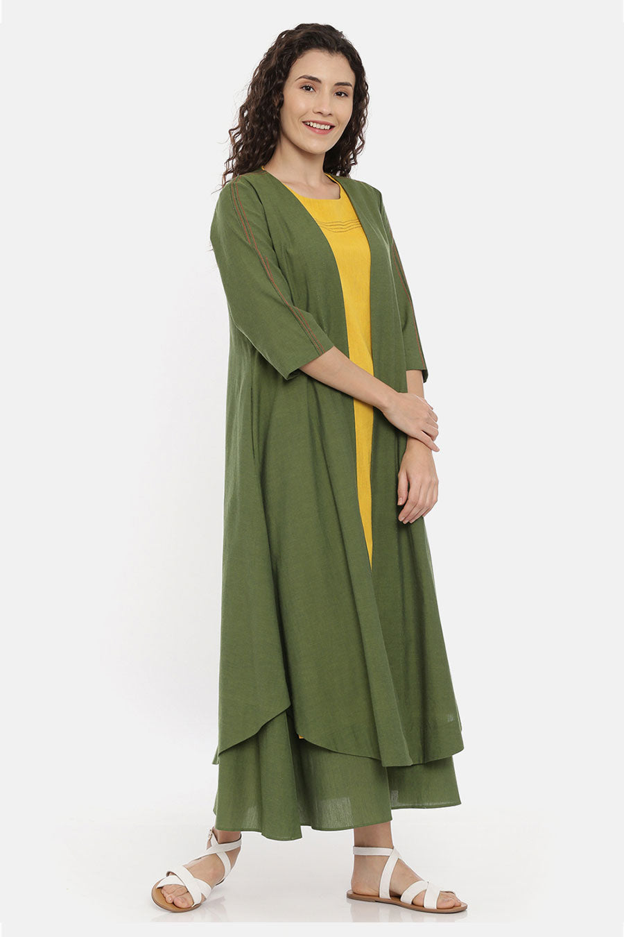 Green Embroidered Long Open Jacket