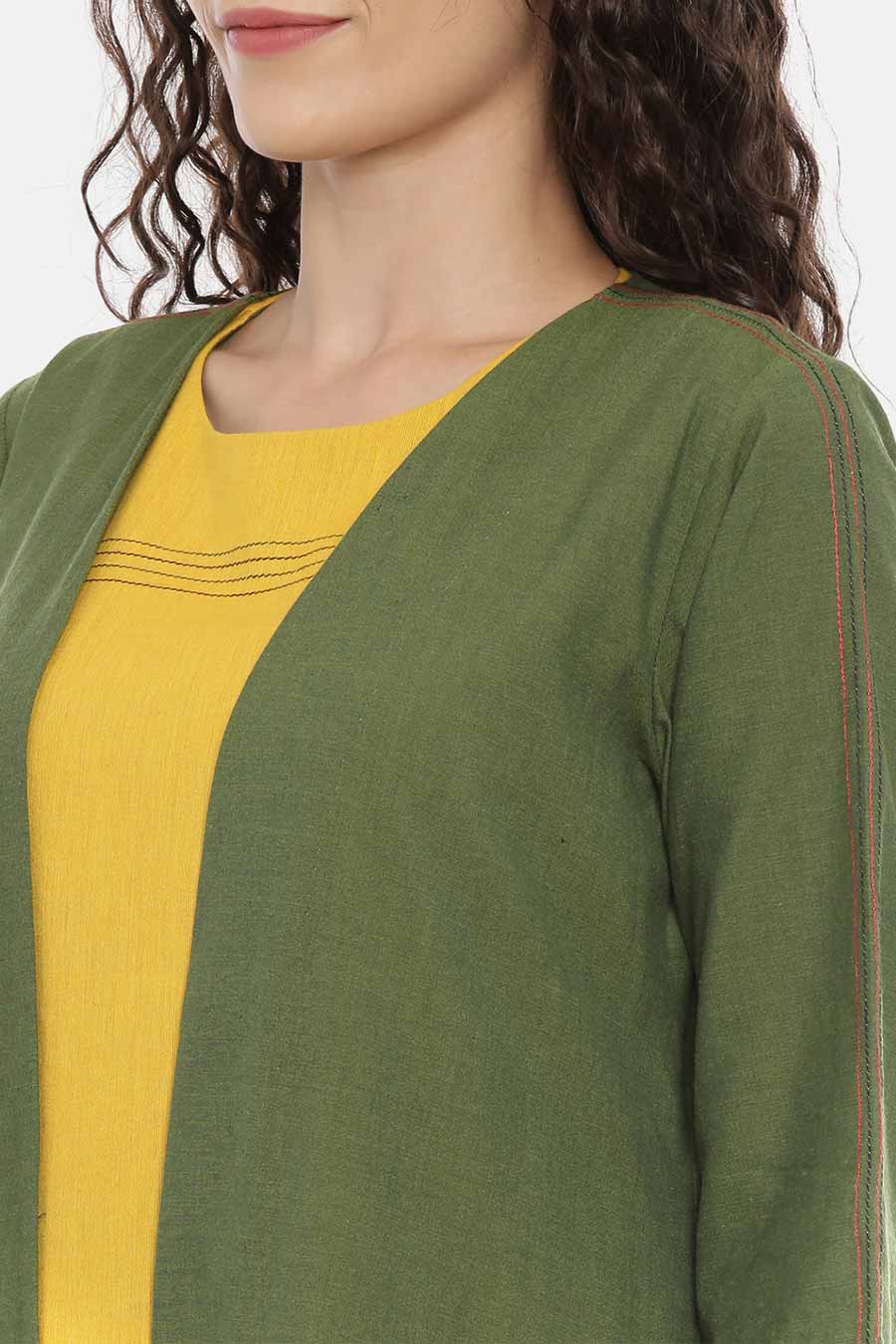 Green Embroidered Long Open Jacket