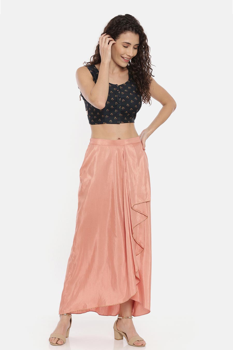 Peach Silk Linen Pleated Drape Skirt