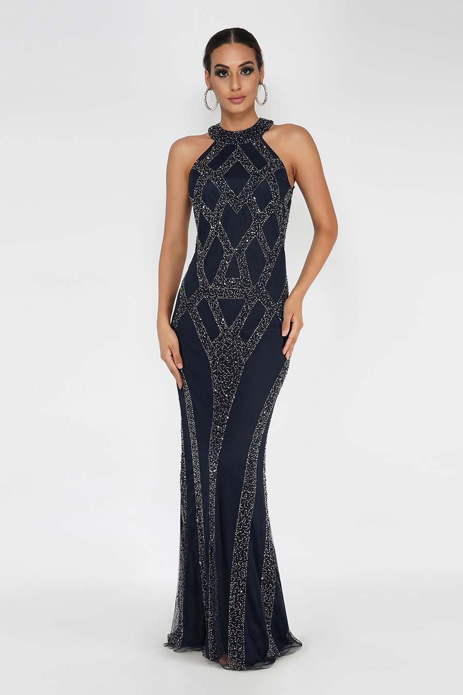 Backless Embellished High Neck Gown Navy – Haute on High