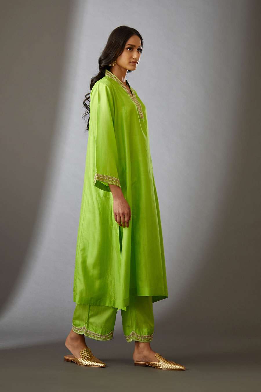 Lime Green Silk Embroidered Kurta & Pant Set