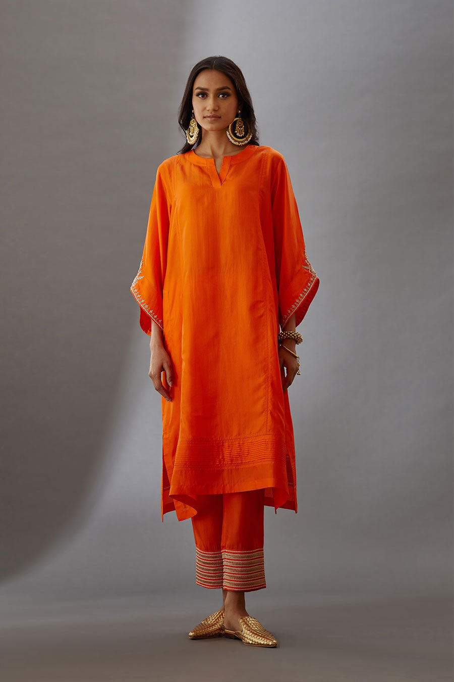 Coral Silk Embroidered Kurta & Pant Set