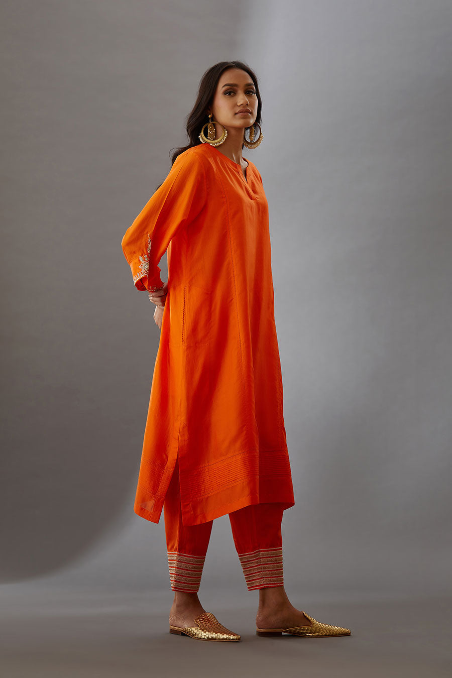 Coral Silk Embroidered Kurta & Pant Set