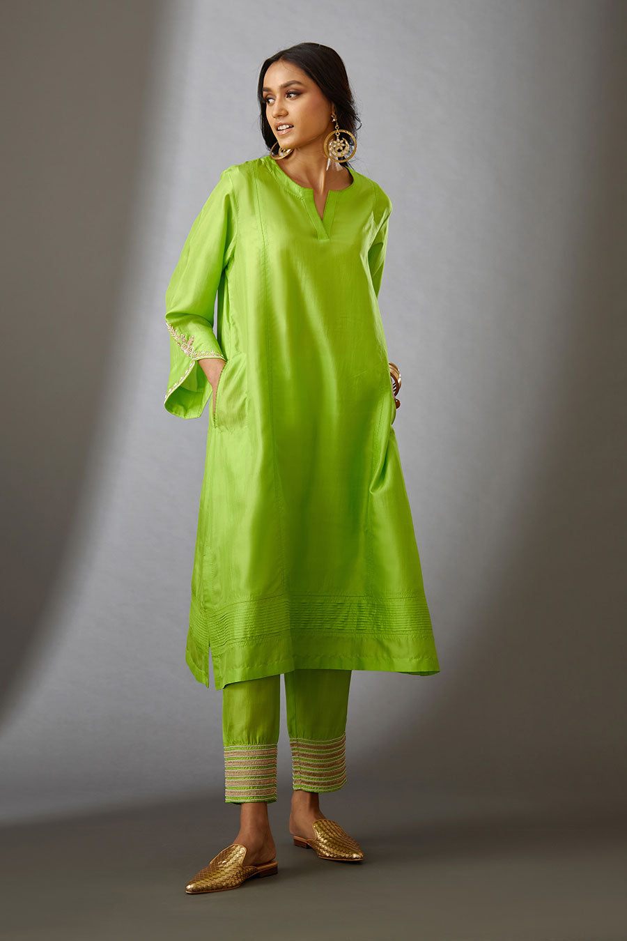 Lime Green Silk Embroidered Kurta & Pant Set