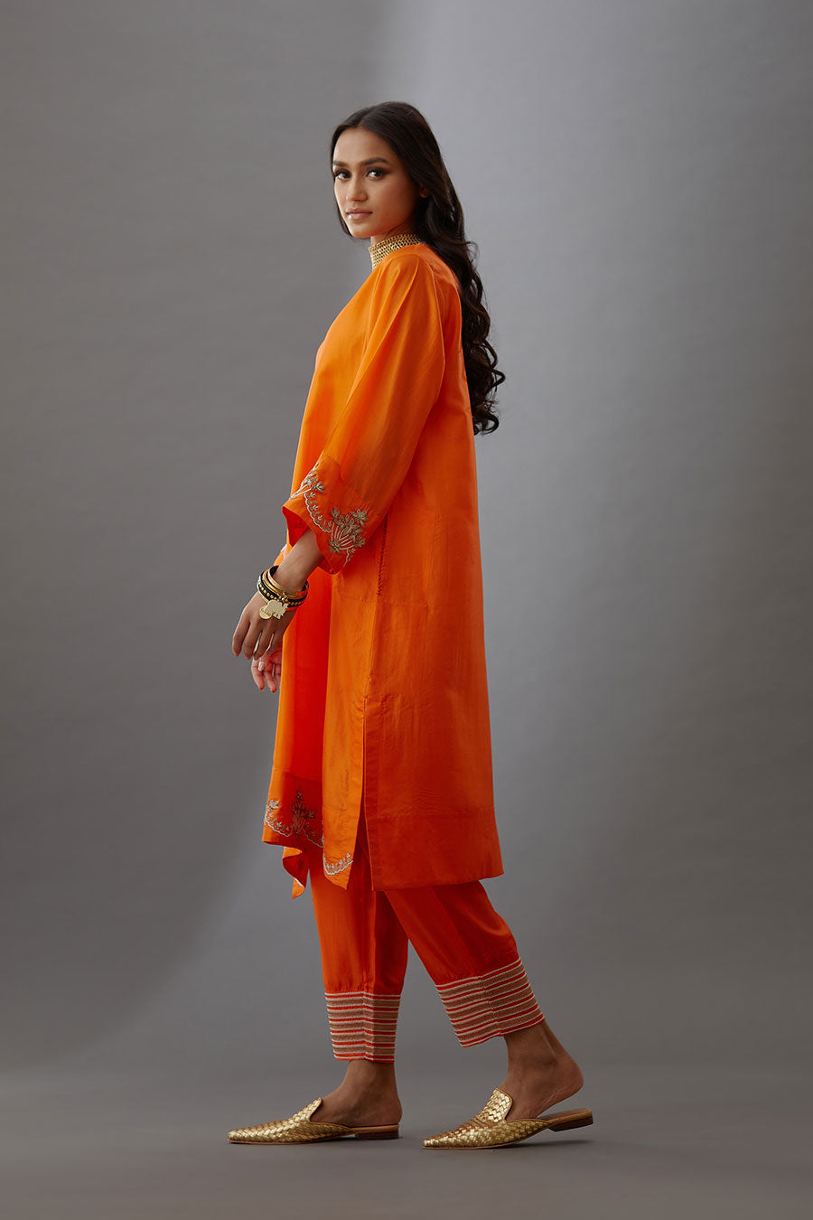 Coral Silk Embroidered Kurta & Pant Set
