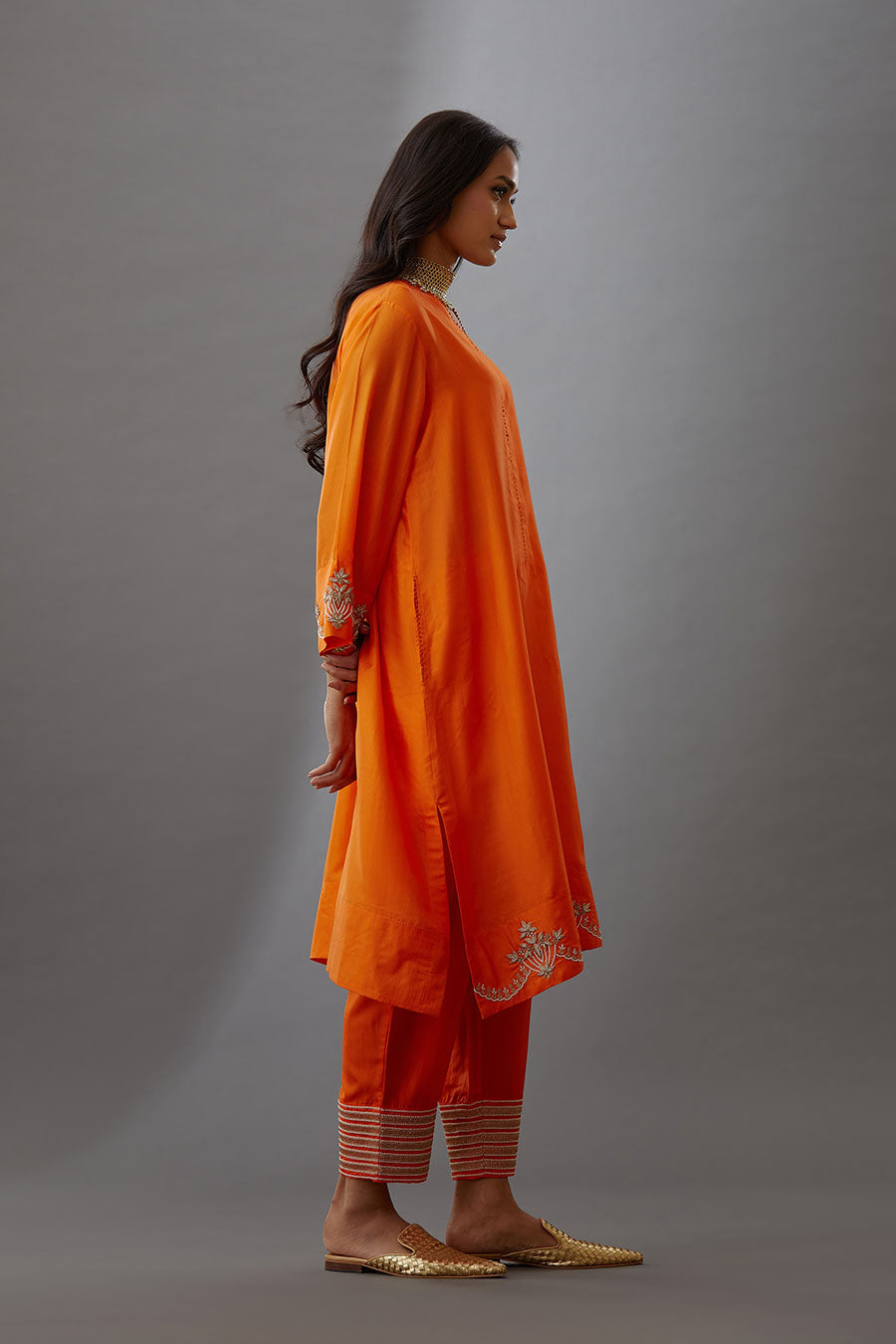 Coral Silk Embroidered Kurta & Pant Set