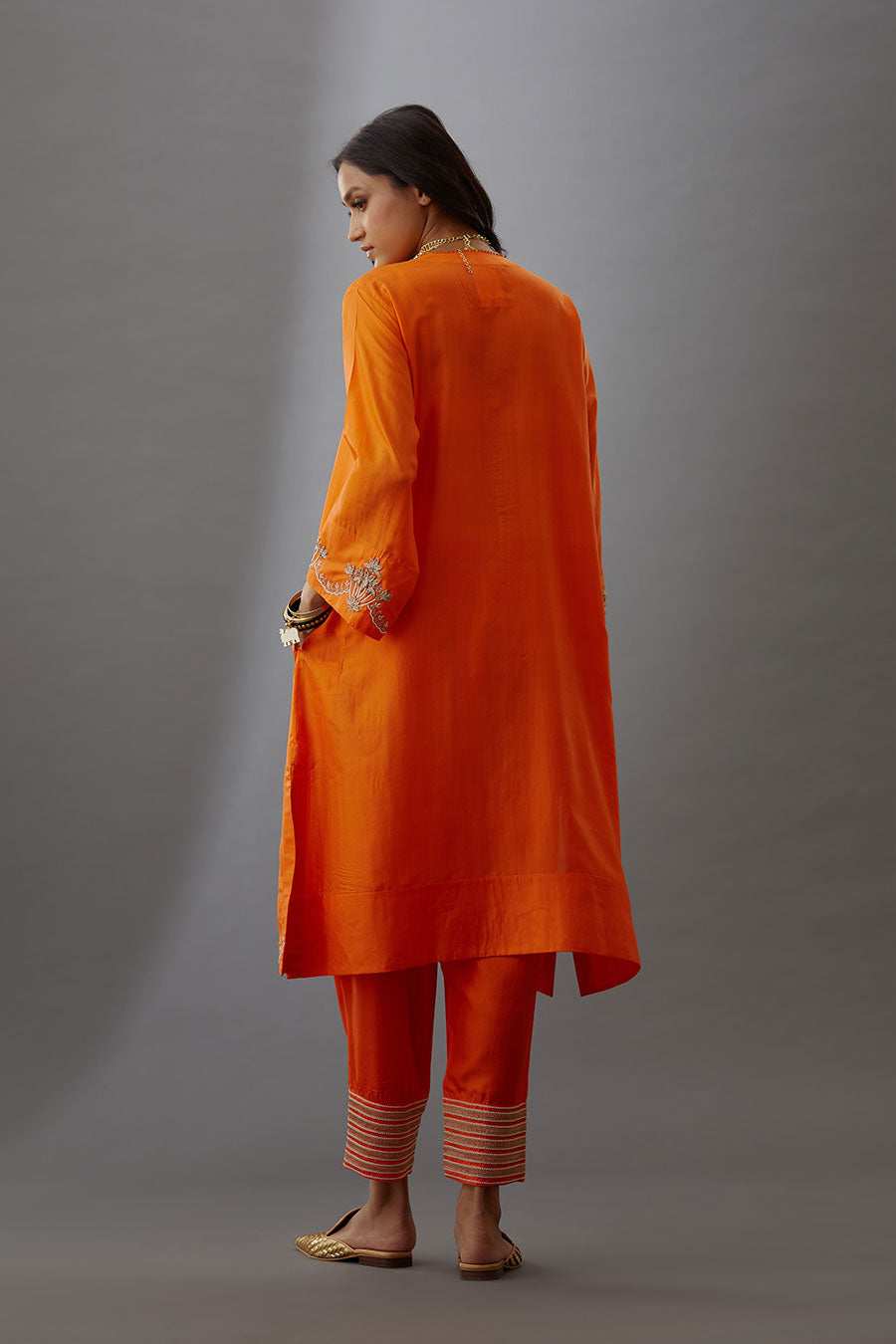 Coral Silk Embroidered Kurta & Pant Set