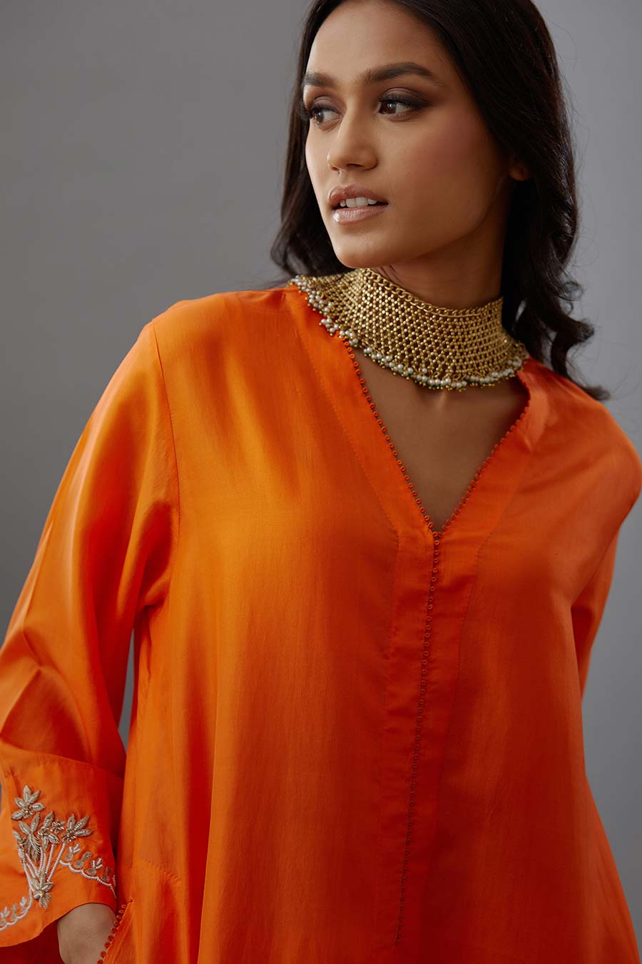 Coral Silk Embroidered Kurta & Pant Set