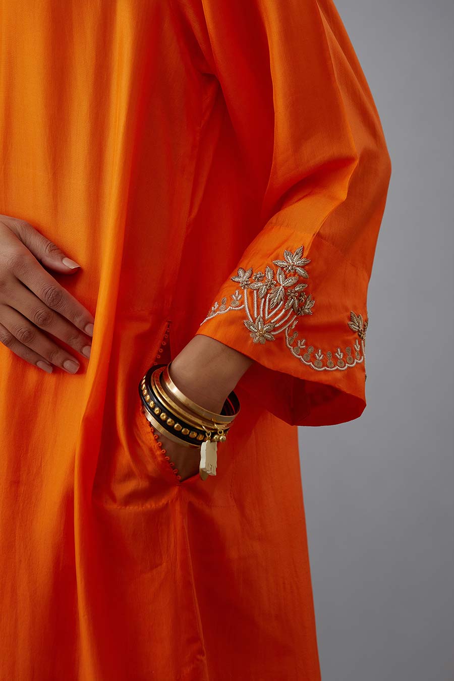 Coral Silk Embroidered Kurta & Pant Set