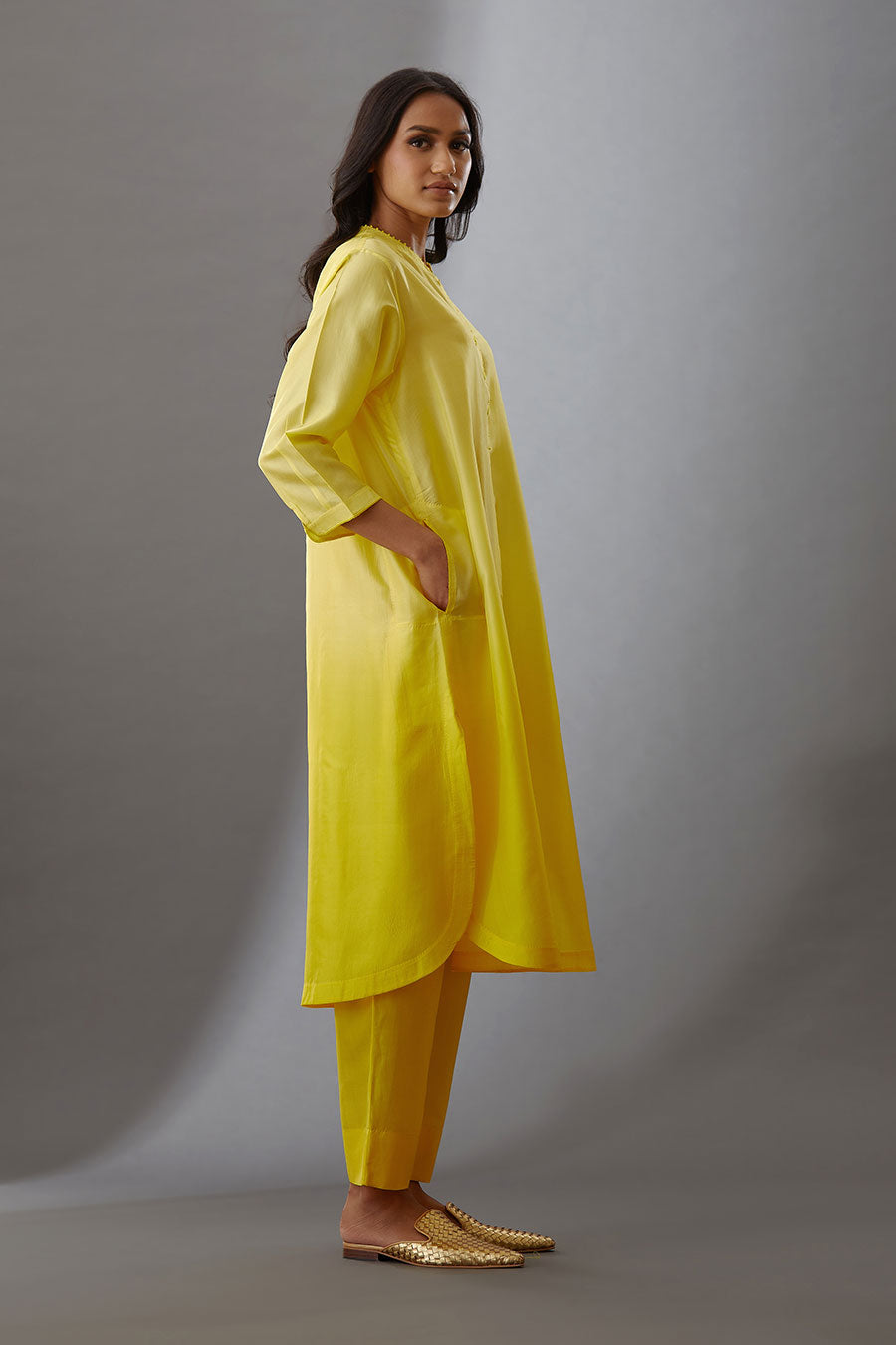 Yellow Silk Embroidered Kurta & Pant Set