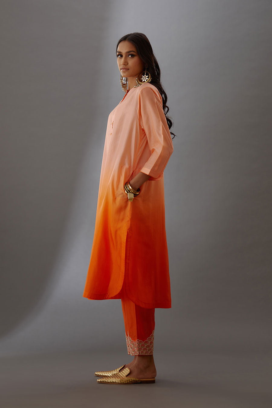 Coral Silk Embroidered Kurta & Pant Set