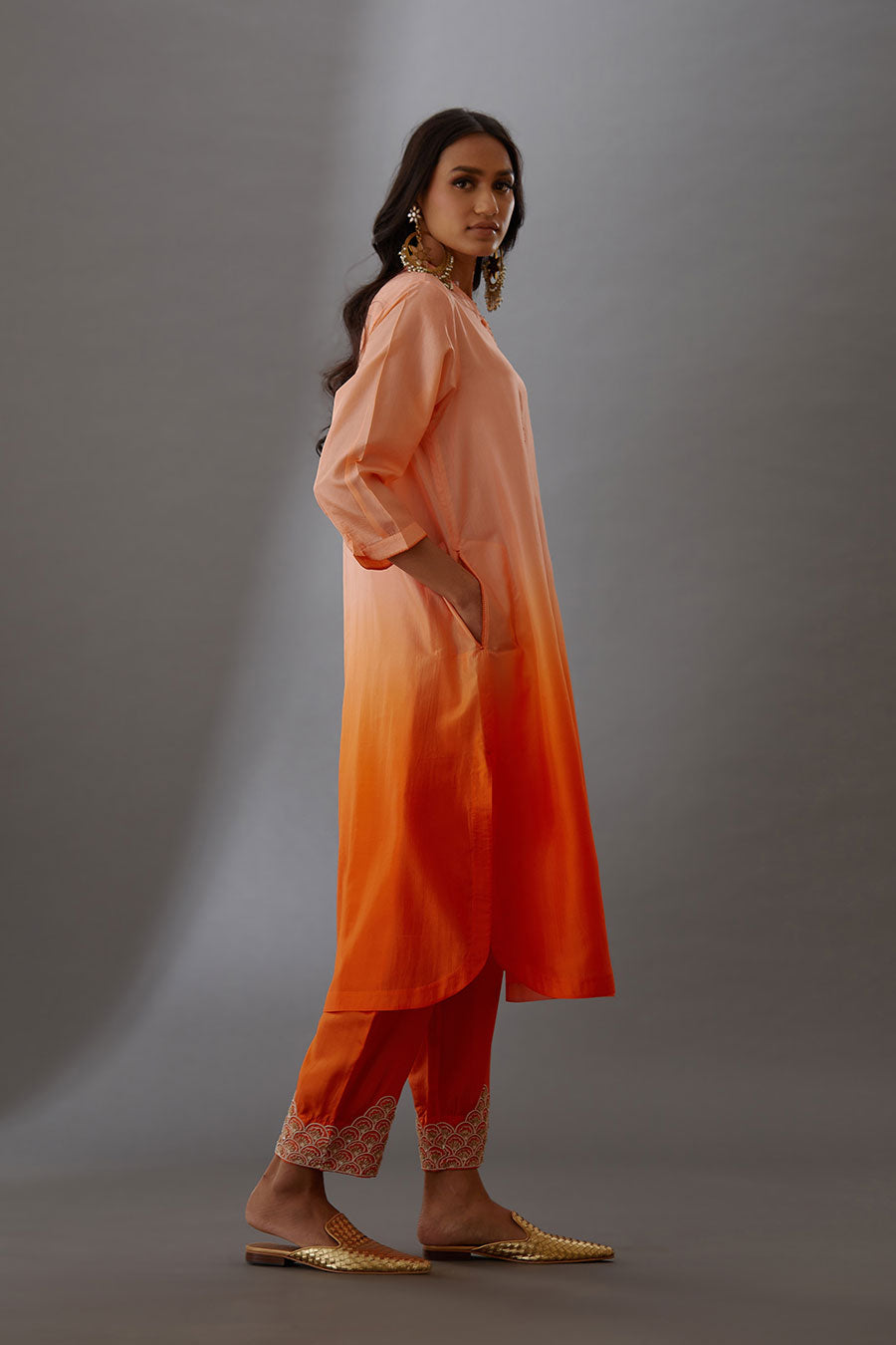 Coral Silk Embroidered Kurta & Pant Set