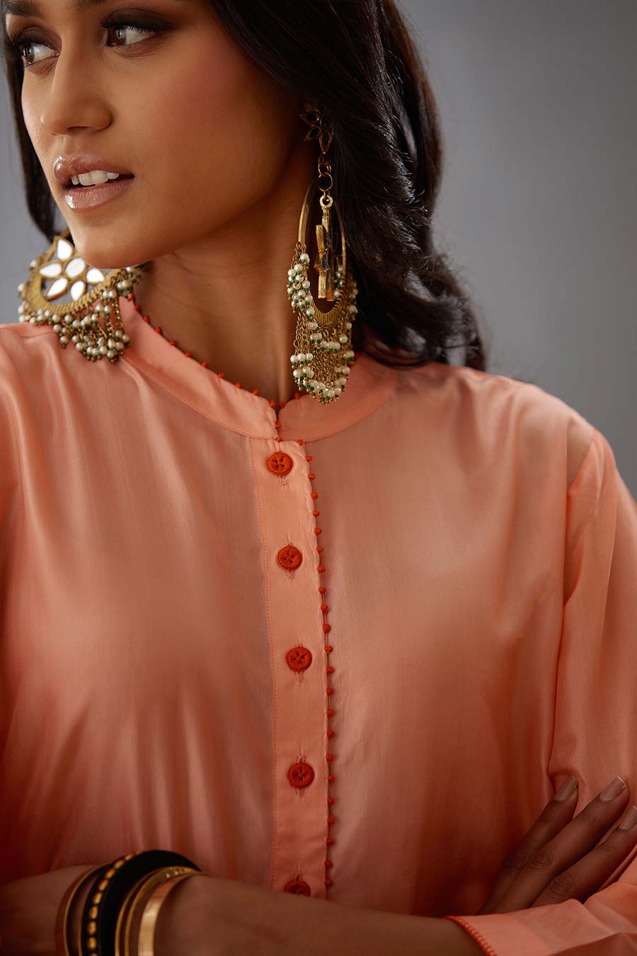 Coral Silk Embroidered Kurta & Pant Set