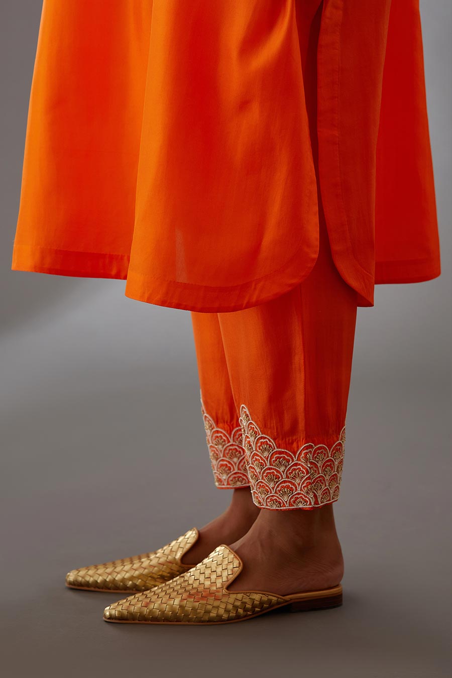 Coral Silk Embroidered Kurta & Pant Set