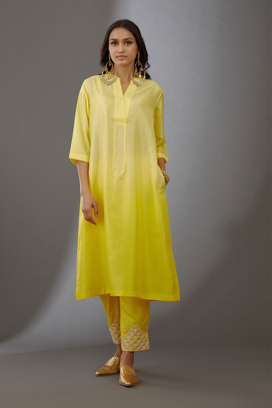Yellow Silk Embroidered Kurta & Pant Set