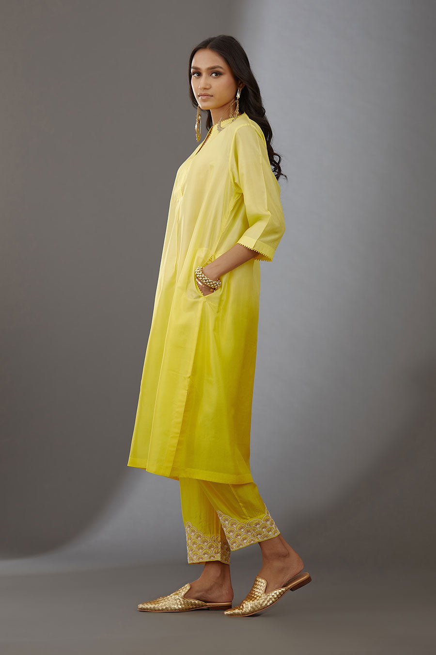 Yellow Silk Embroidered Kurta & Pant Set
