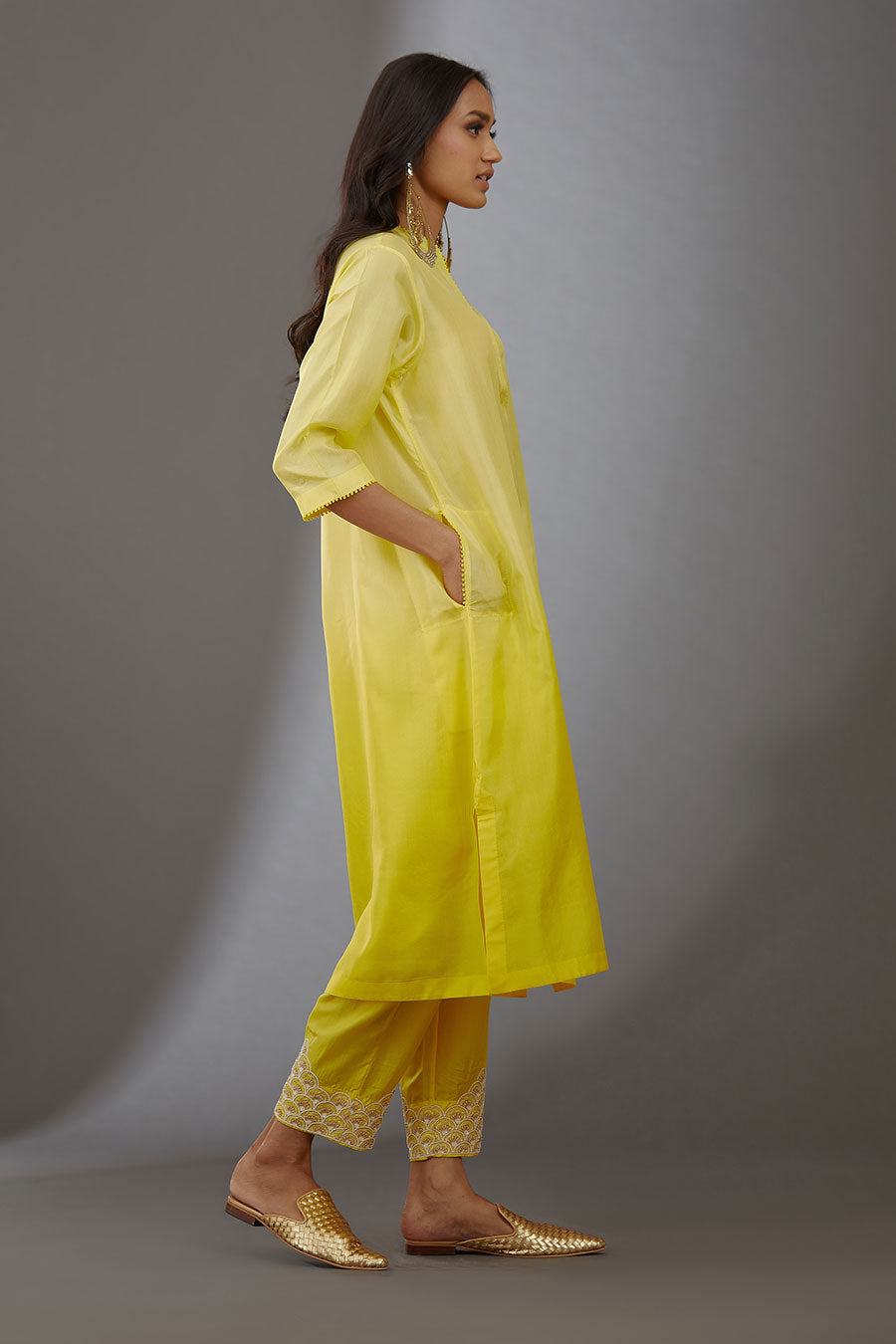 Yellow Silk Embroidered Kurta & Pant Set
