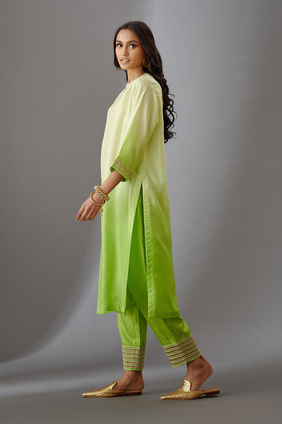 Lime Green Silk Embroidered Kurta & Pant Set