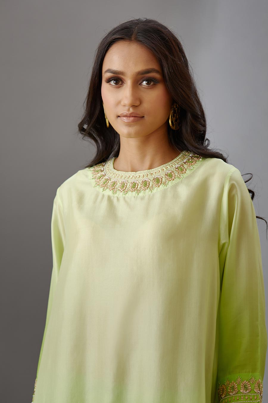 Lime Green Silk Embroidered Kurta & Pant Set