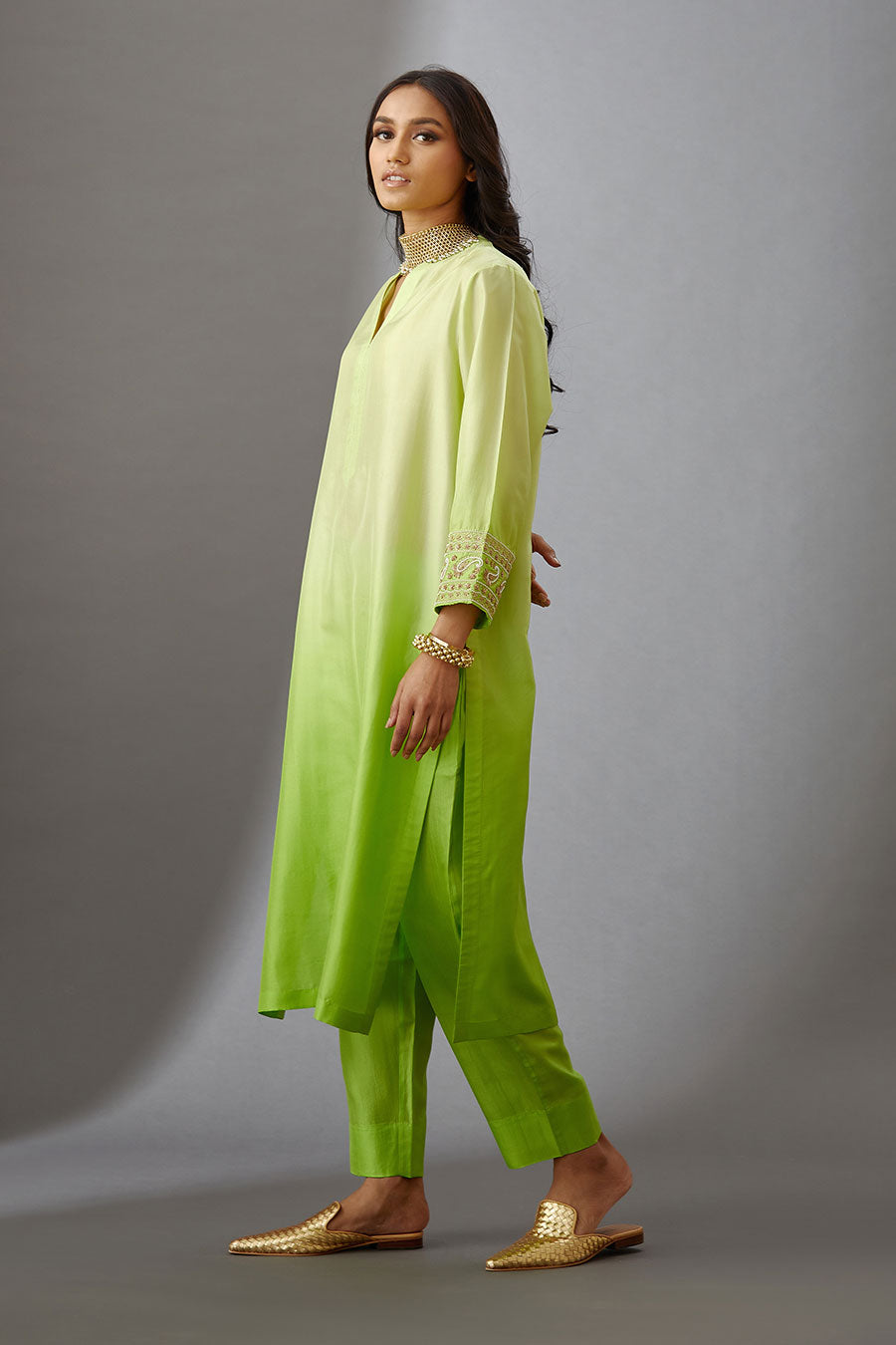 Lime Green Silk Embroidered Kurta & Pant Set