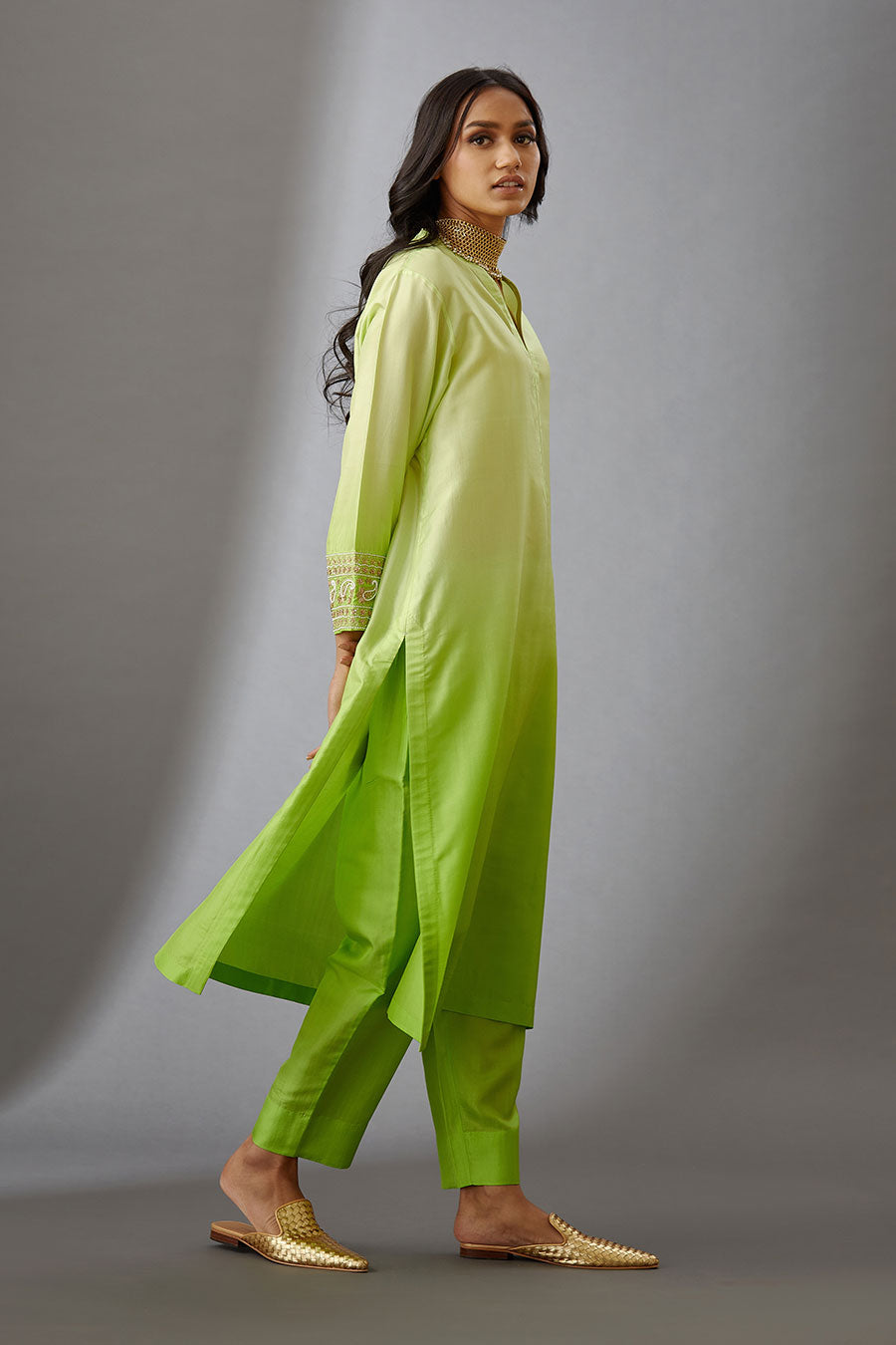 Lime Green Silk Embroidered Kurta & Pant Set