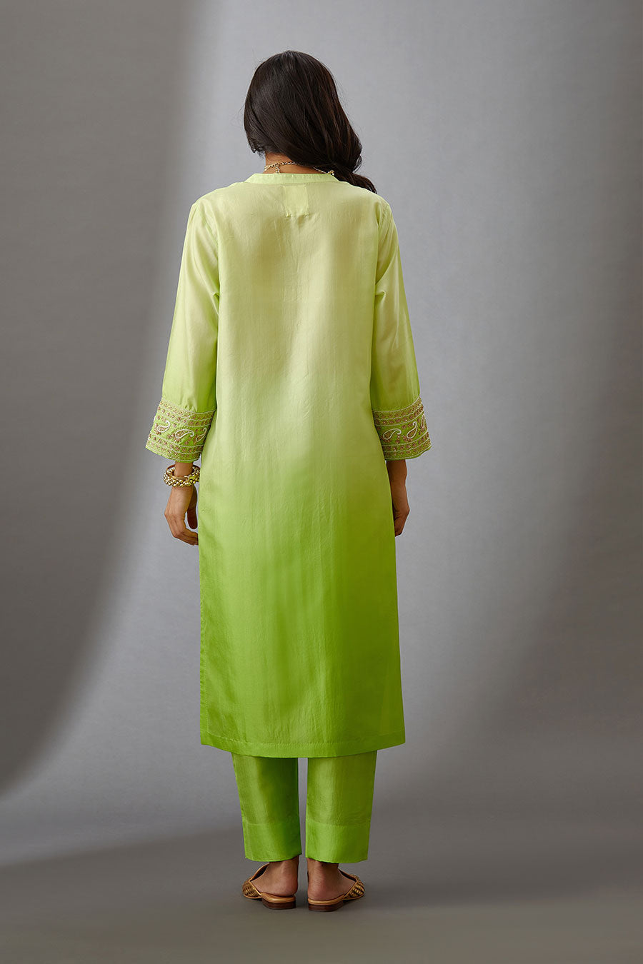 Lime Green Silk Embroidered Kurta & Pant Set